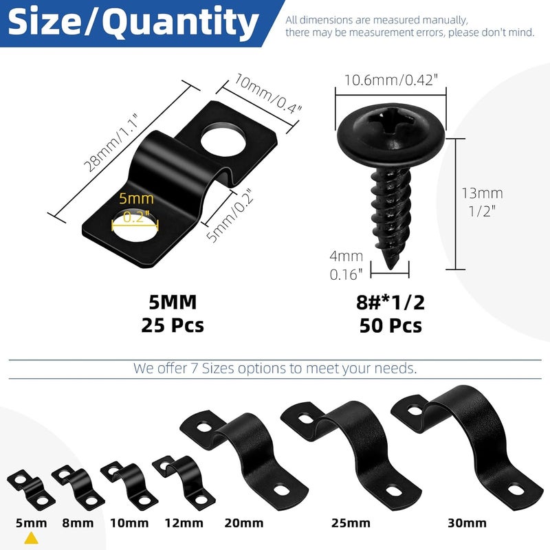 Glarks 75pcs 5mm Pipe Strap Clamp, Black Carbon Steel 2 Hole Strap Heavy Duty Rigid Pipe Strap U Bracket Tube Strap Cable Clamp Hanger Tension Tube Clip with screw for Pipe Tube Cable Fixing - Image 2